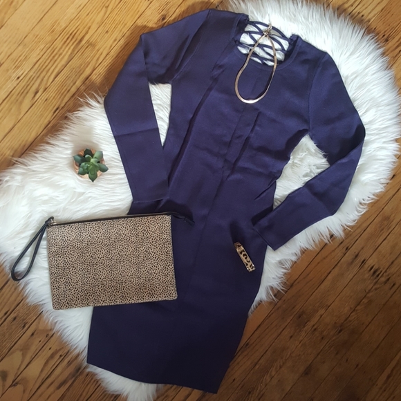 Grace Premium Rib Knit Lace Up Dress in Navy - Picture 4 of 8